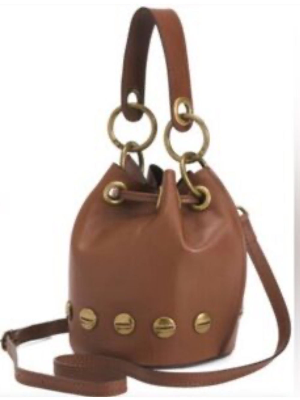 STELLA BIANCA Women's Brown Italian Leather Brass Studded Drawcord Bucket Bag